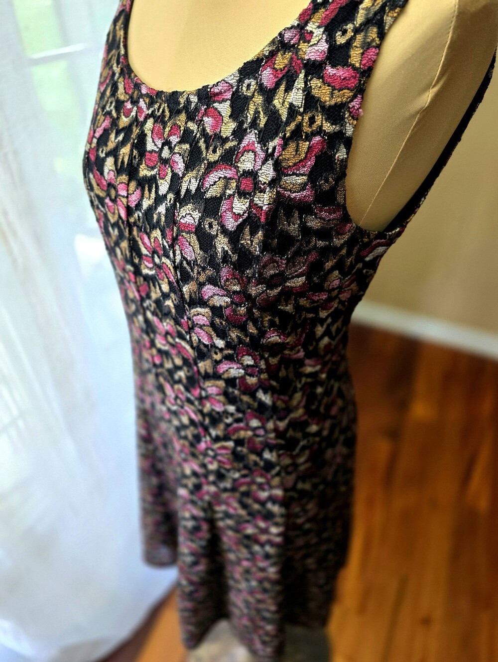 Floral Lace Fit Flare Dress Black Pink Romantic Perceptions New York Womens M